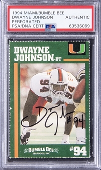 1994 Miami/Bumble Bee Dwayne Johnson, Perforated Signed Rookie Card – "The Rock!" – PSA Authentic, PSA/DNA Authentic